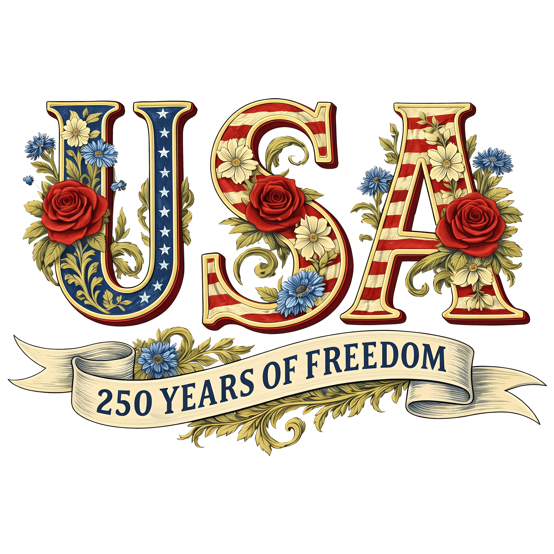 USA Floral Rose 250th Anniversary Design - DTF Ready To Press
