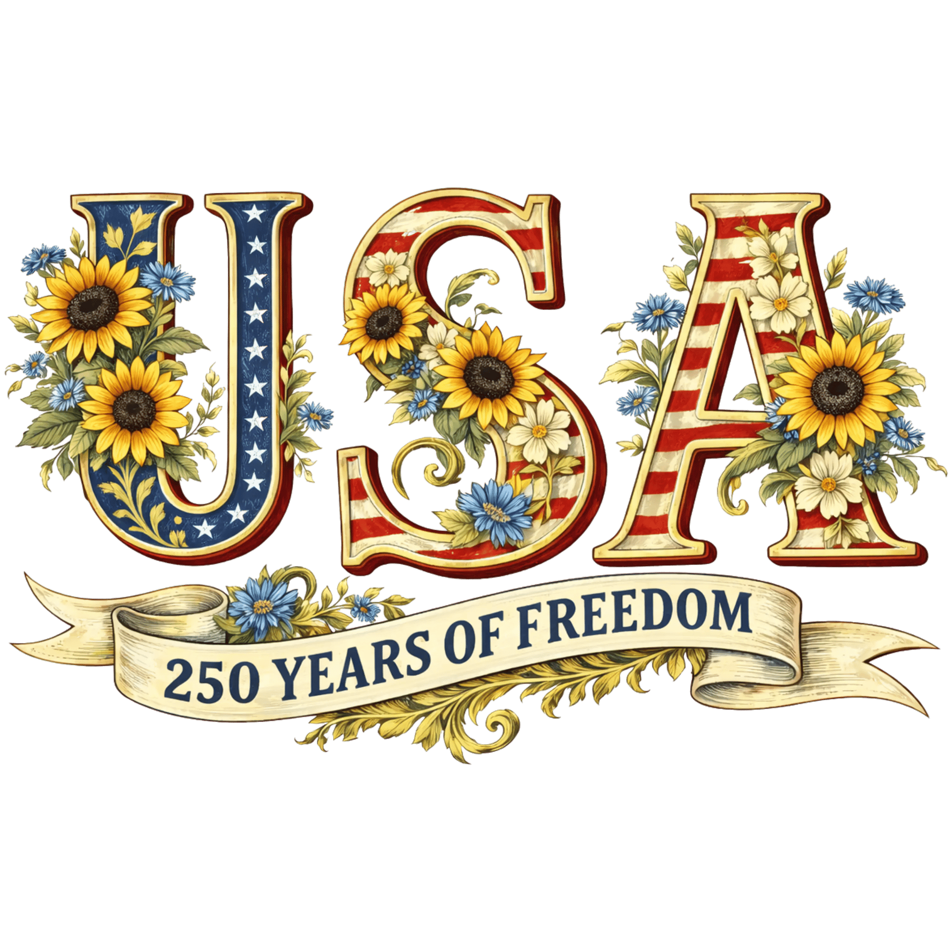 USA Sunflower 250th Anniversary Design - DTF Ready To Press